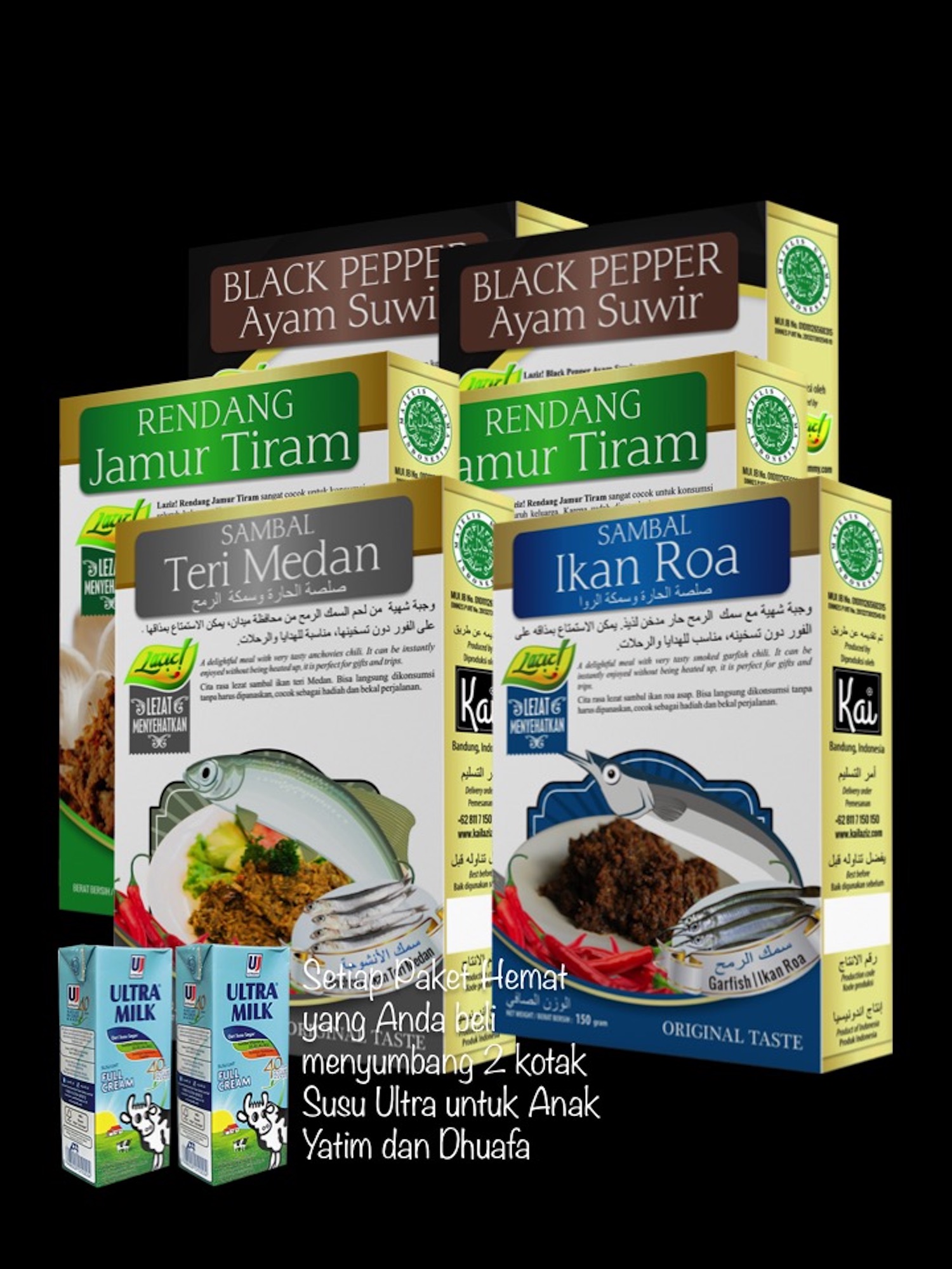 PAKET HEMAT BLACK PEPPER AYAM SUWIR, RENDANG JAMUR TIRAM, SAMBAL TERI MEDAN, SAMBAL IKAN ROA KAI FOOD 900GR