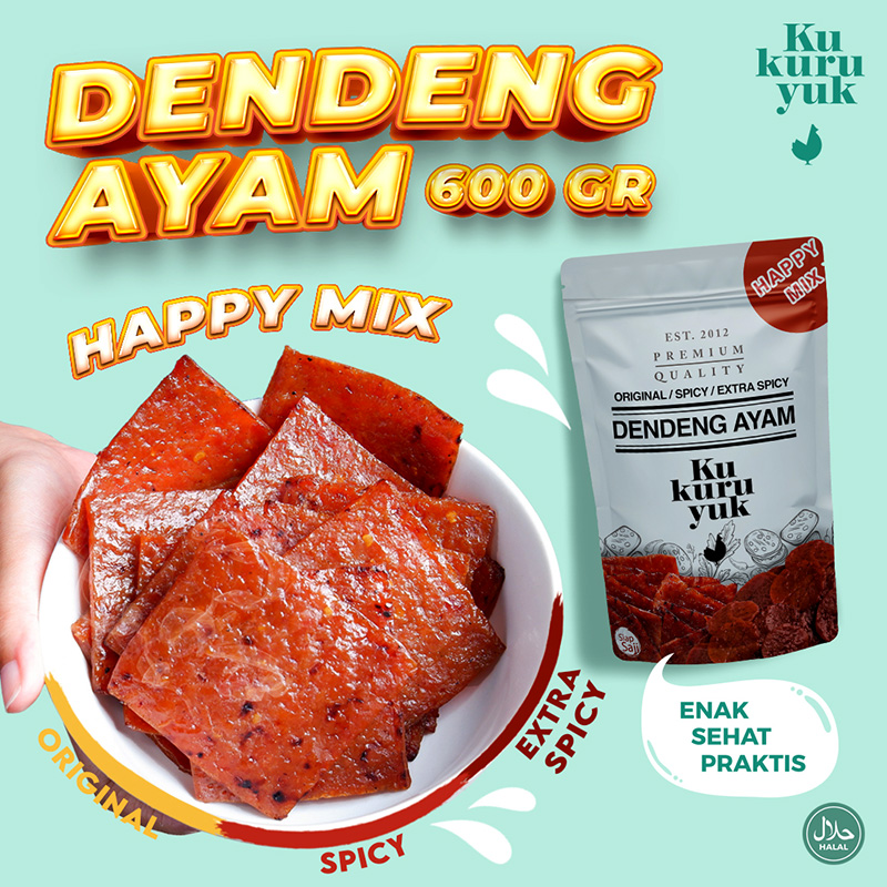 HAPPY MIX (KOTAK 3 RASA) PAKET 600GR VARIANT DENDENG AYAM KUKURUYUK MAKANAN SIAP SAJI